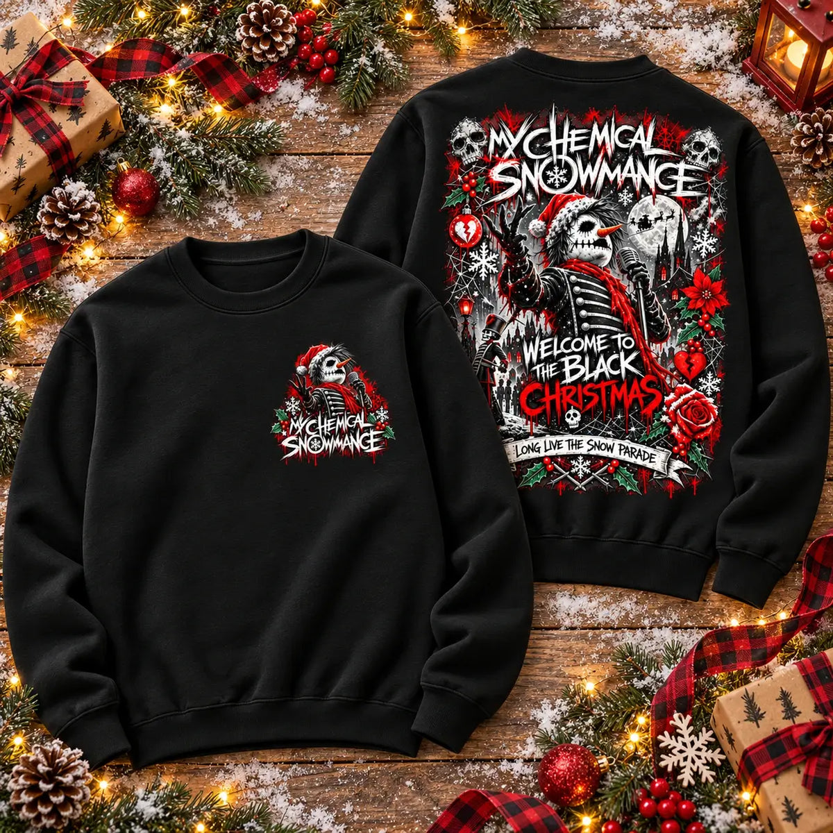 My Chemical Snowmance black Christmas jumper front and back festive mockup