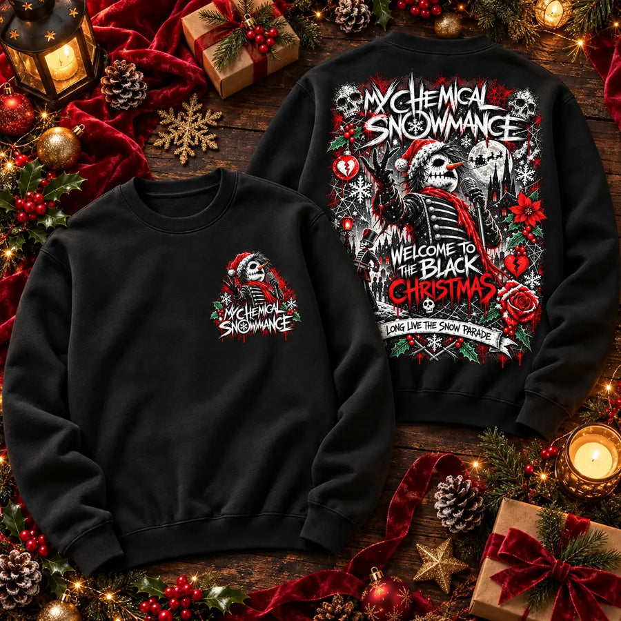 My Chemical Snowmance black Christmas jumper front and back festive flat lay