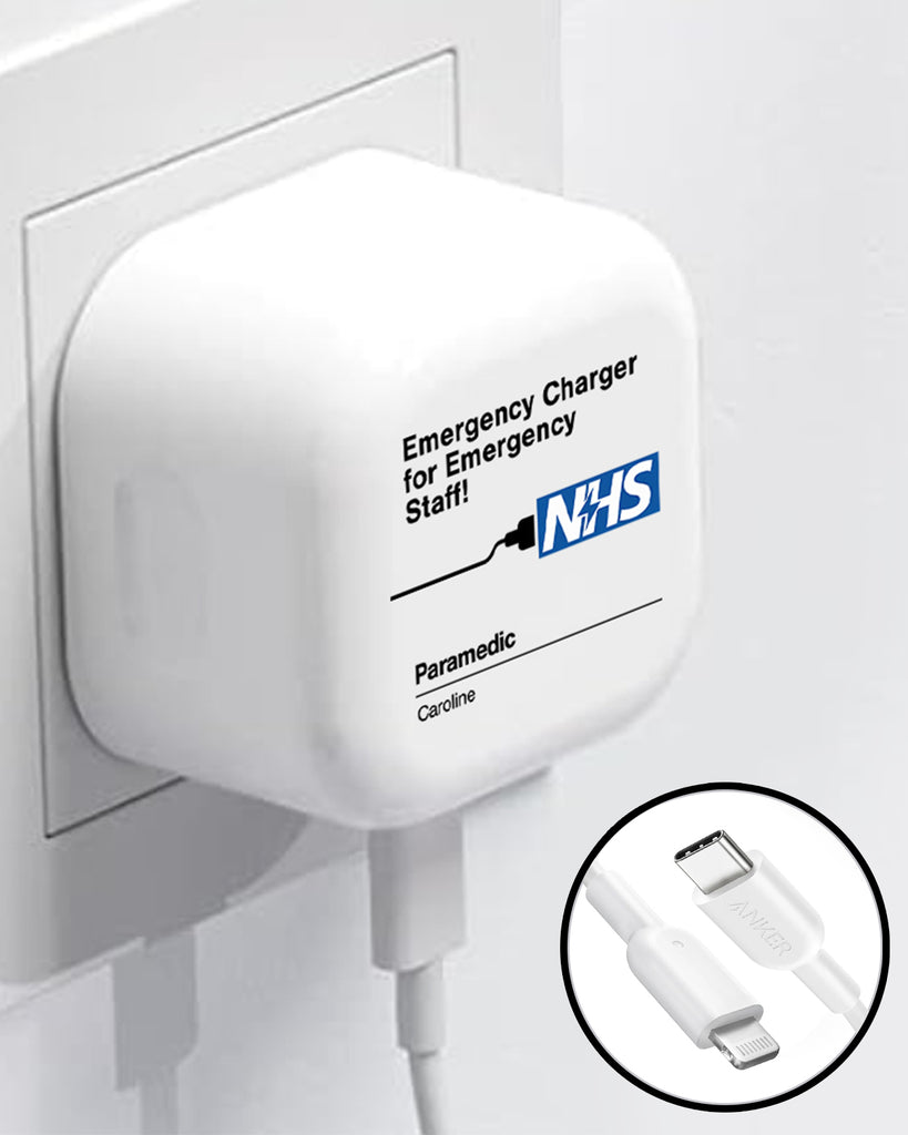 Personalised Iphone Charger for NHS Staff – Custom 20W Fast Charger with USB-C or Lightning Cable | Personalised Role & Name | Printed by Printora