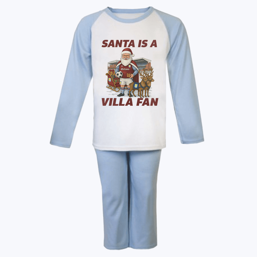 Santa Is a Villa Fan Kids Christmas Pyjama Set – Light Blue & White