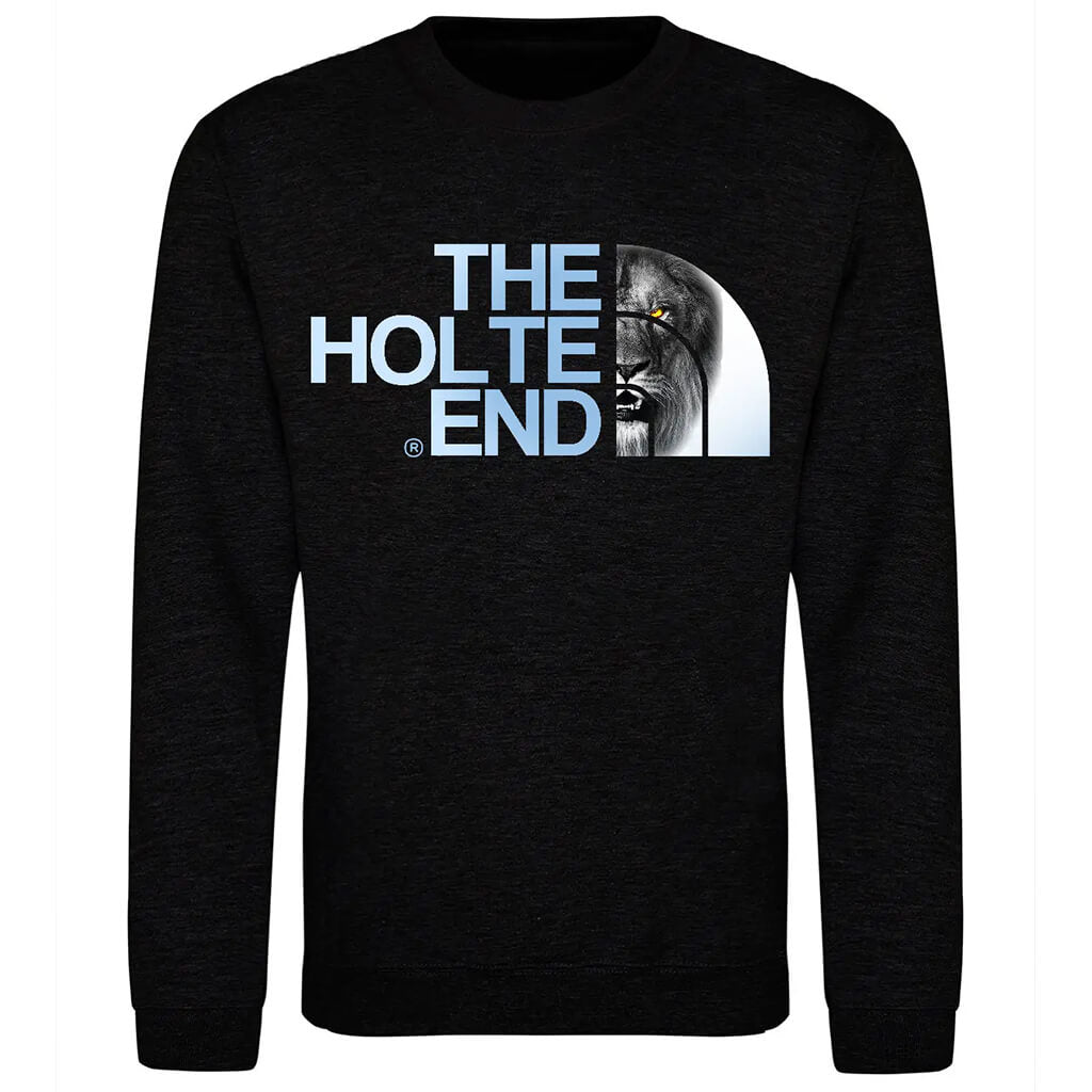 Black long-sleeve Jumper with 'The Holte End' logo on a white background