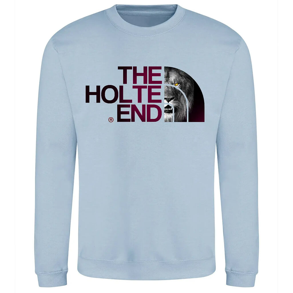 Light blue sweatshirt with 'The Holte End' logo featuring a lion on a white background