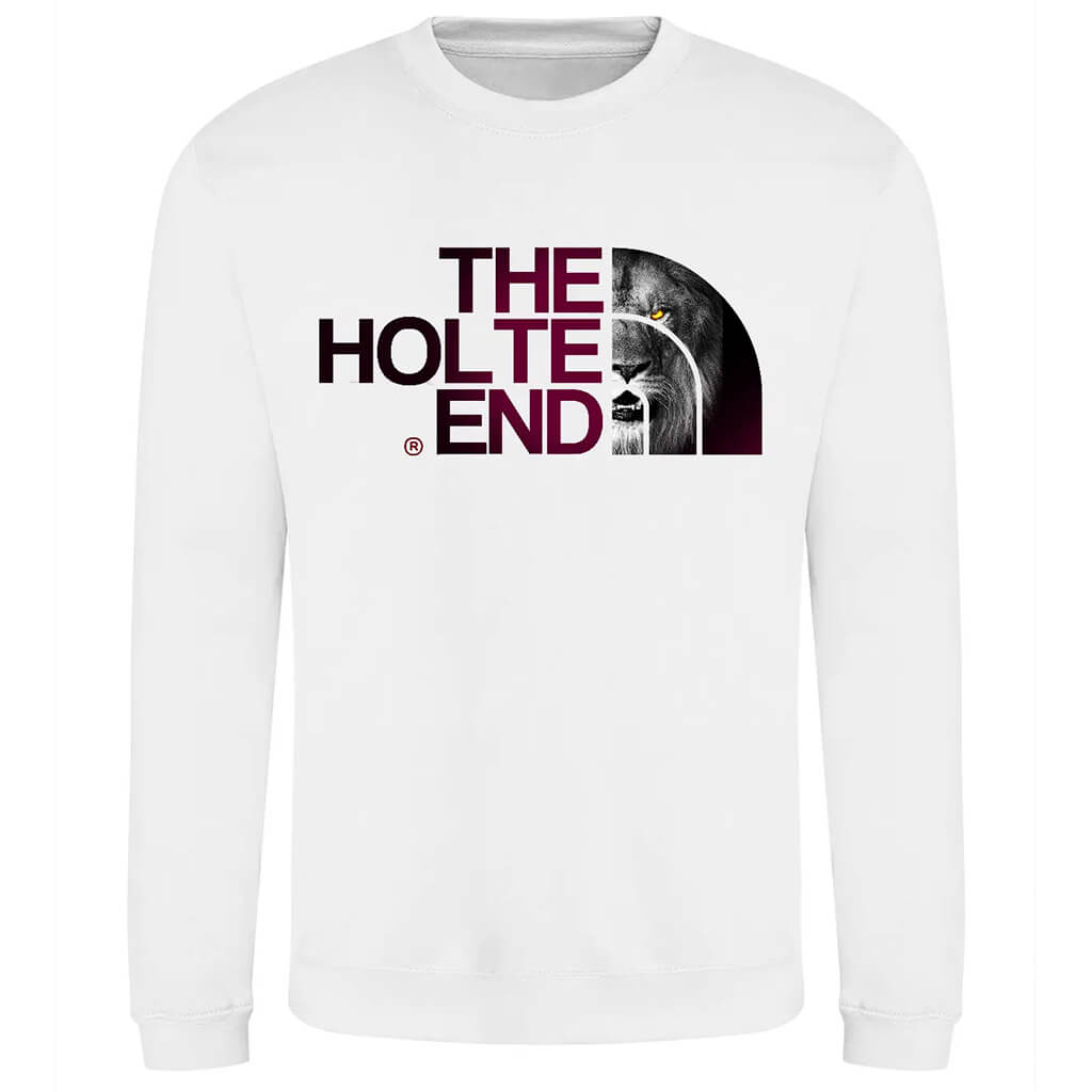 White sweatshirt with 'The Holte
 End' logo on a white background