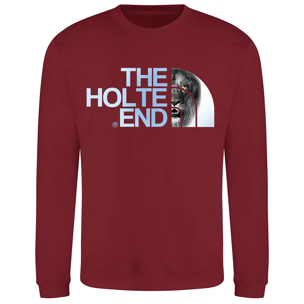 Maroon sweatshirt with 'The Holte End' graphic design on a white background
