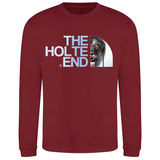 Maroon sweatshirt with 'The Holte End' graphic design on a white background