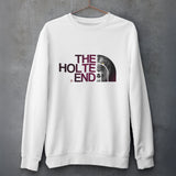 White sweatshirt with 'The Holte End' logo on a gray background