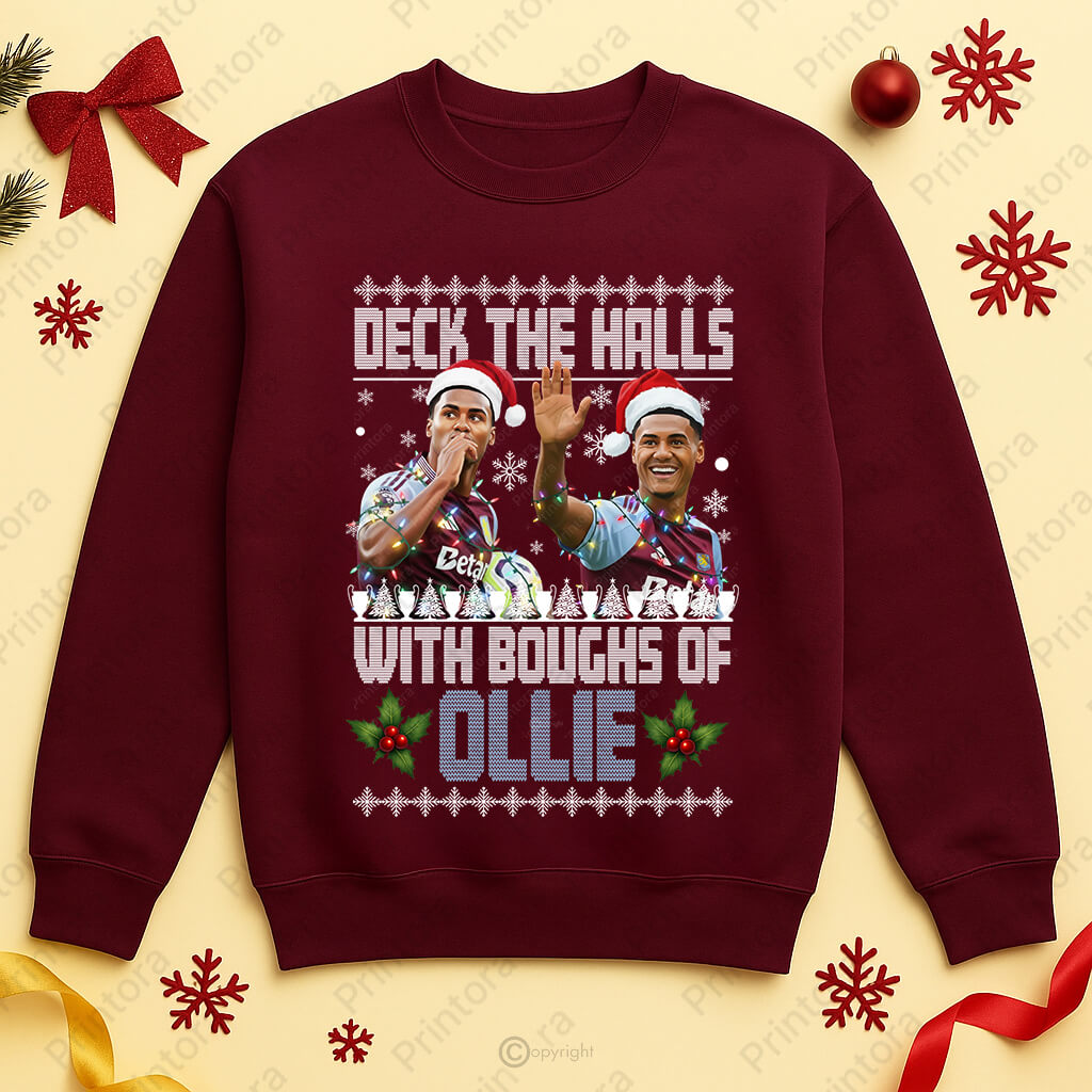 Ollie Watkins Aston Villa Christmas Jumper – “Deck the Halls with Boughs of Ollie” – Festive Jumper for AVFC Fans