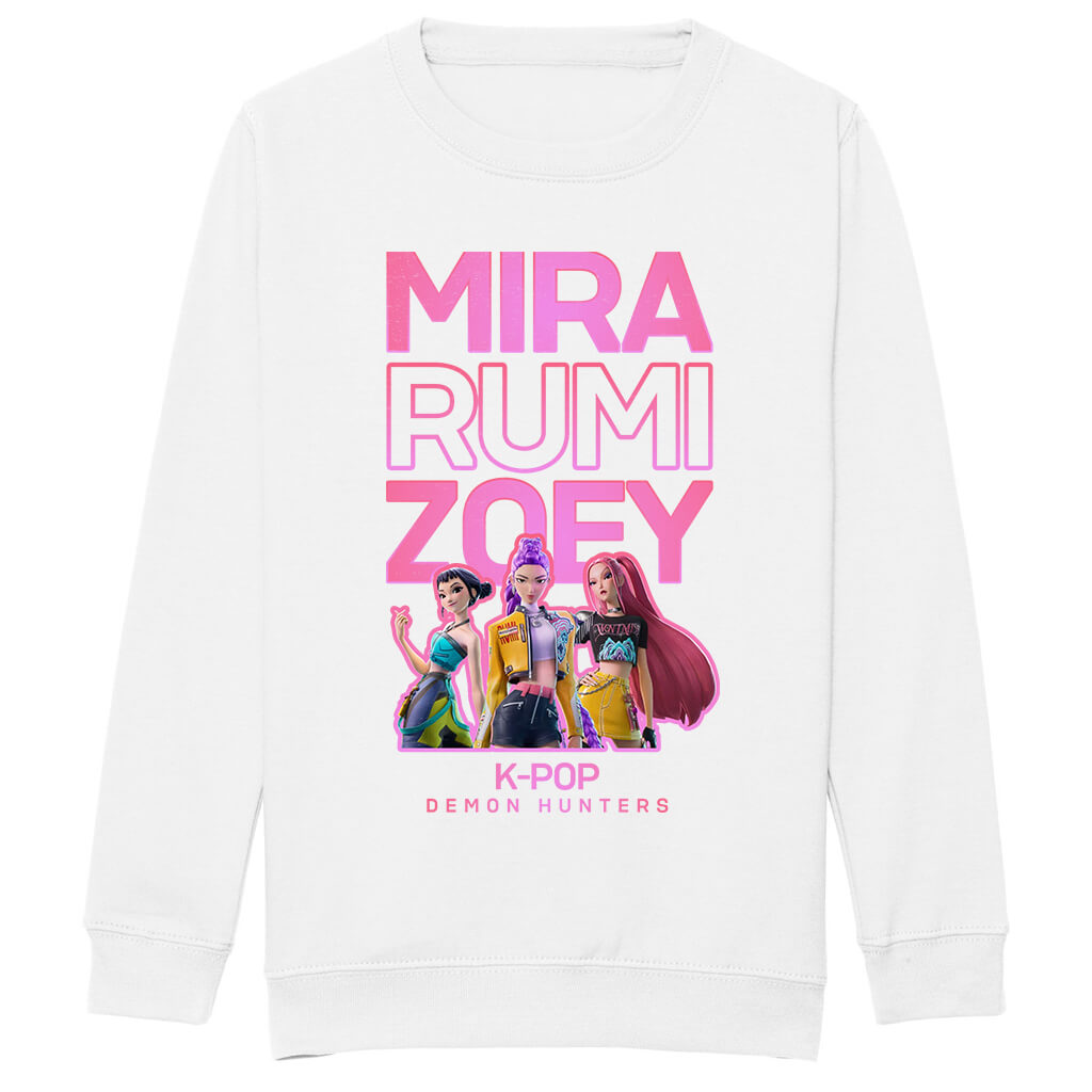 White sweatshirt with 'MIRA RUMI ZOEY' text and character illustrations on a white background
