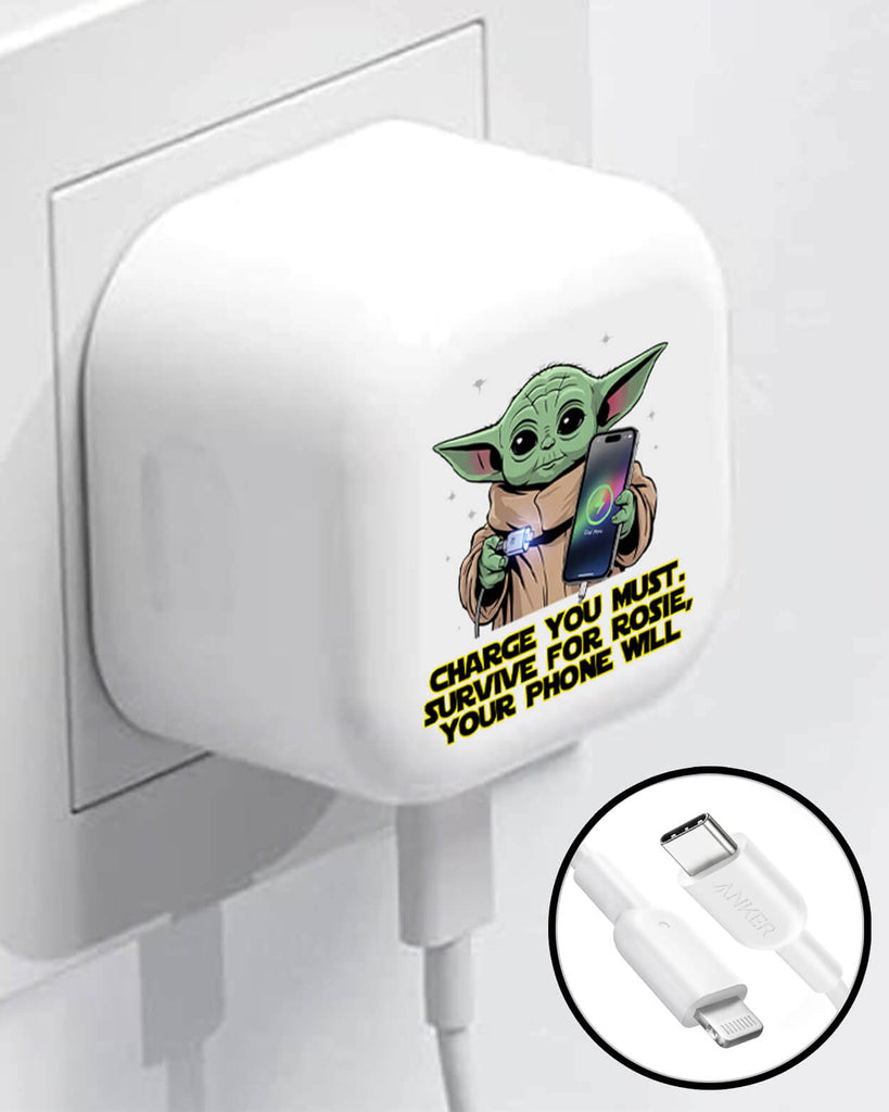 Custom Baby Yoda Iphone Charger – “Charge You Must” Funny 20W Fast Charger with USB-C or Lightning Cable Option | UV DTF Print by Printora