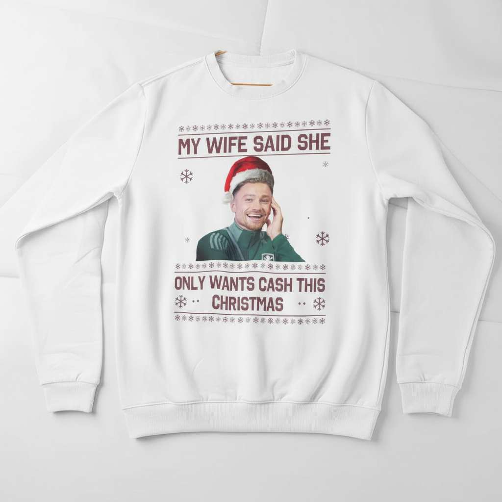 AVFC fan Christmas jumper with Matty Cash “My Wife Said She Only Wants Cash This Christmas” graphic