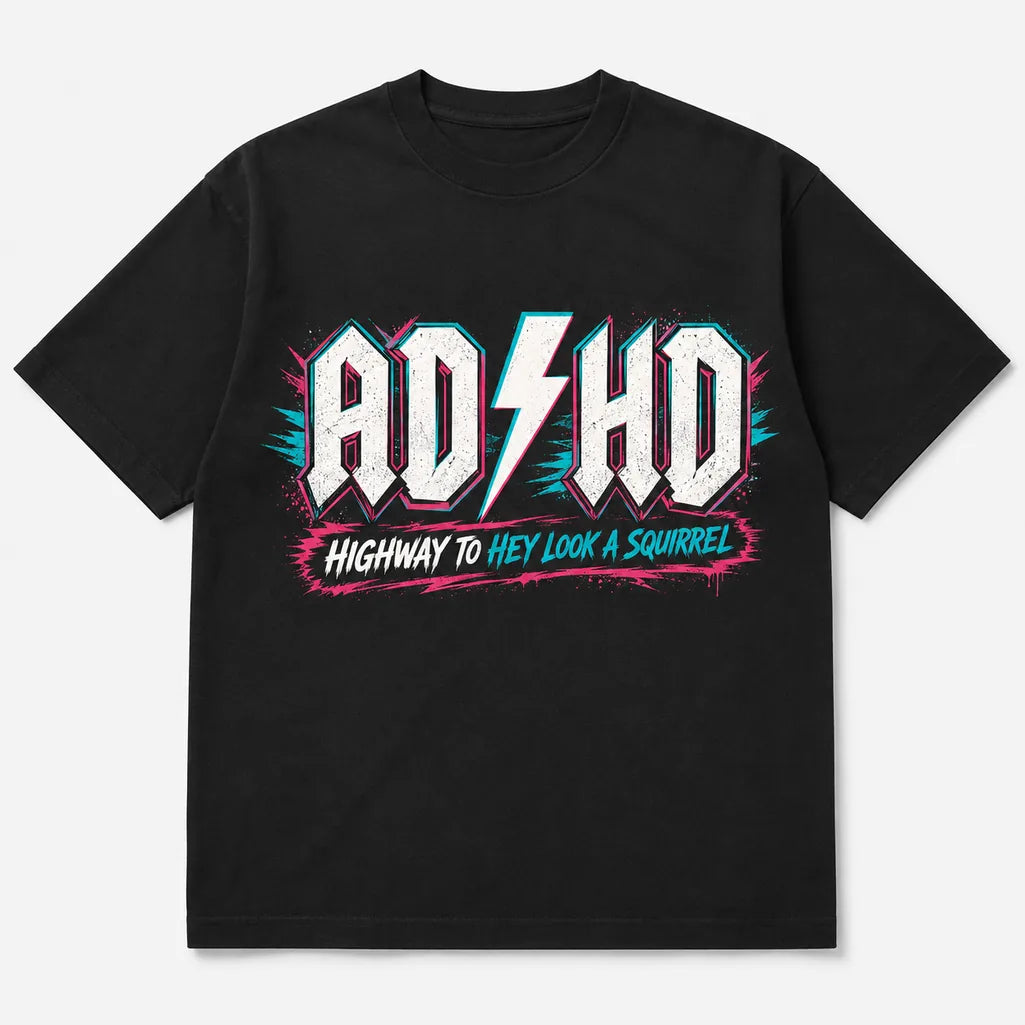 ADHD neon graphic black T-shirt front product mockup