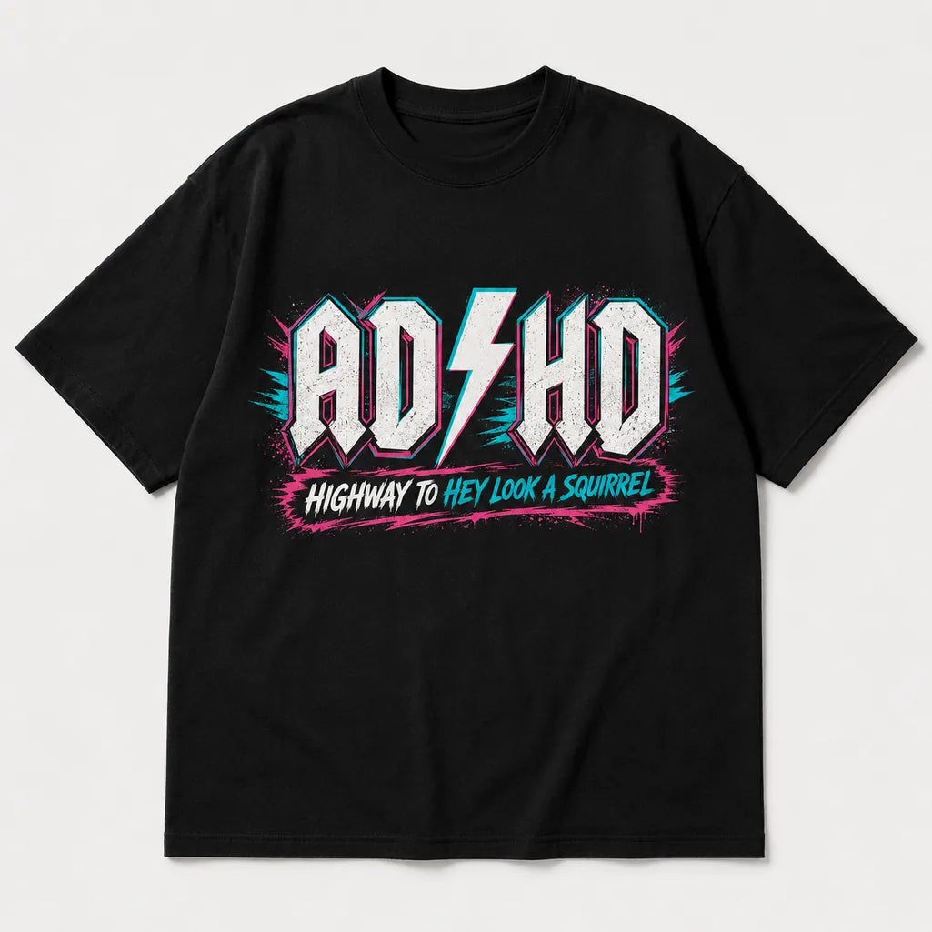 ADHD neon graphic black T-shirt flat lay mockup