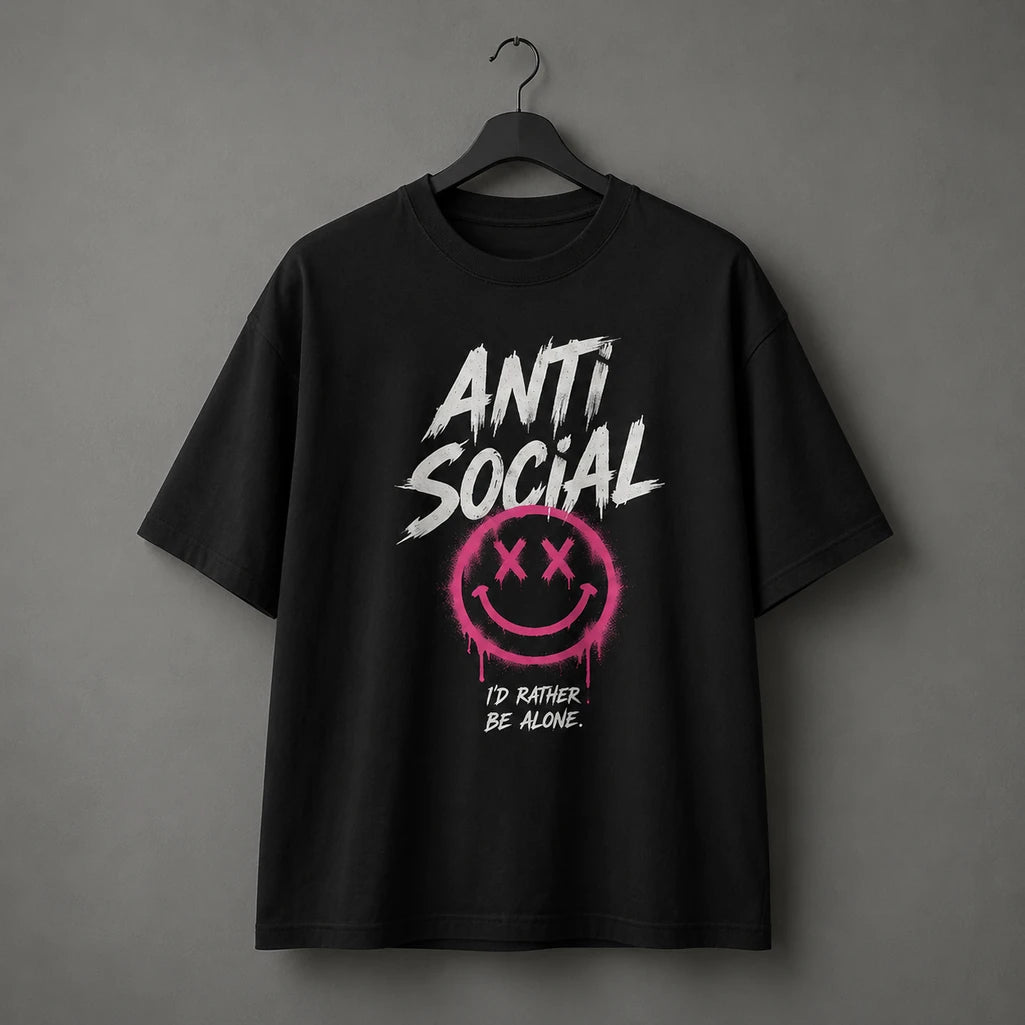 Anti Social graphic T-shirt in black – hanging product mockup