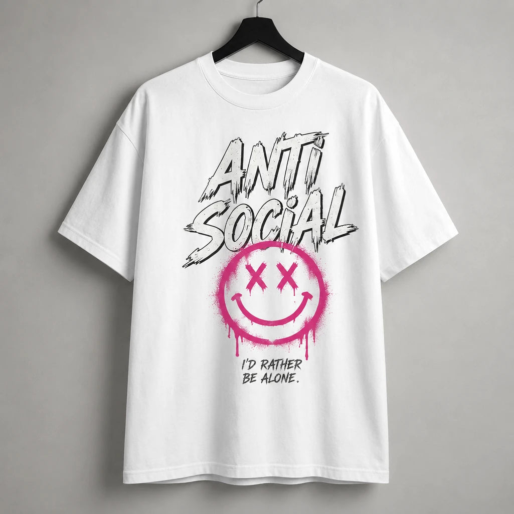 Anti Social graphic T-shirt in white – hanging product mockup