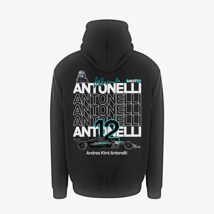 Black hoodie, back view with large ANT12 print