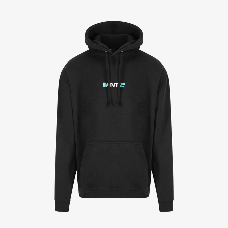 Black hoodie, front view with ANT12 chest logo