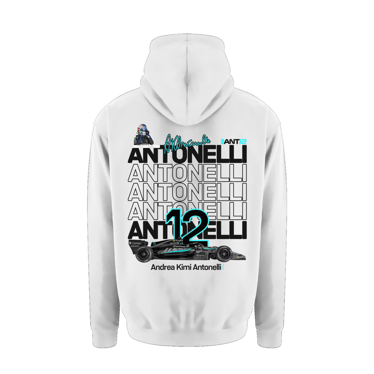 White hoodie, back view with large ANT12 print