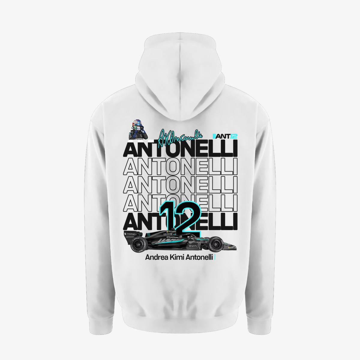 White hoodie, back view with large ANT12 print