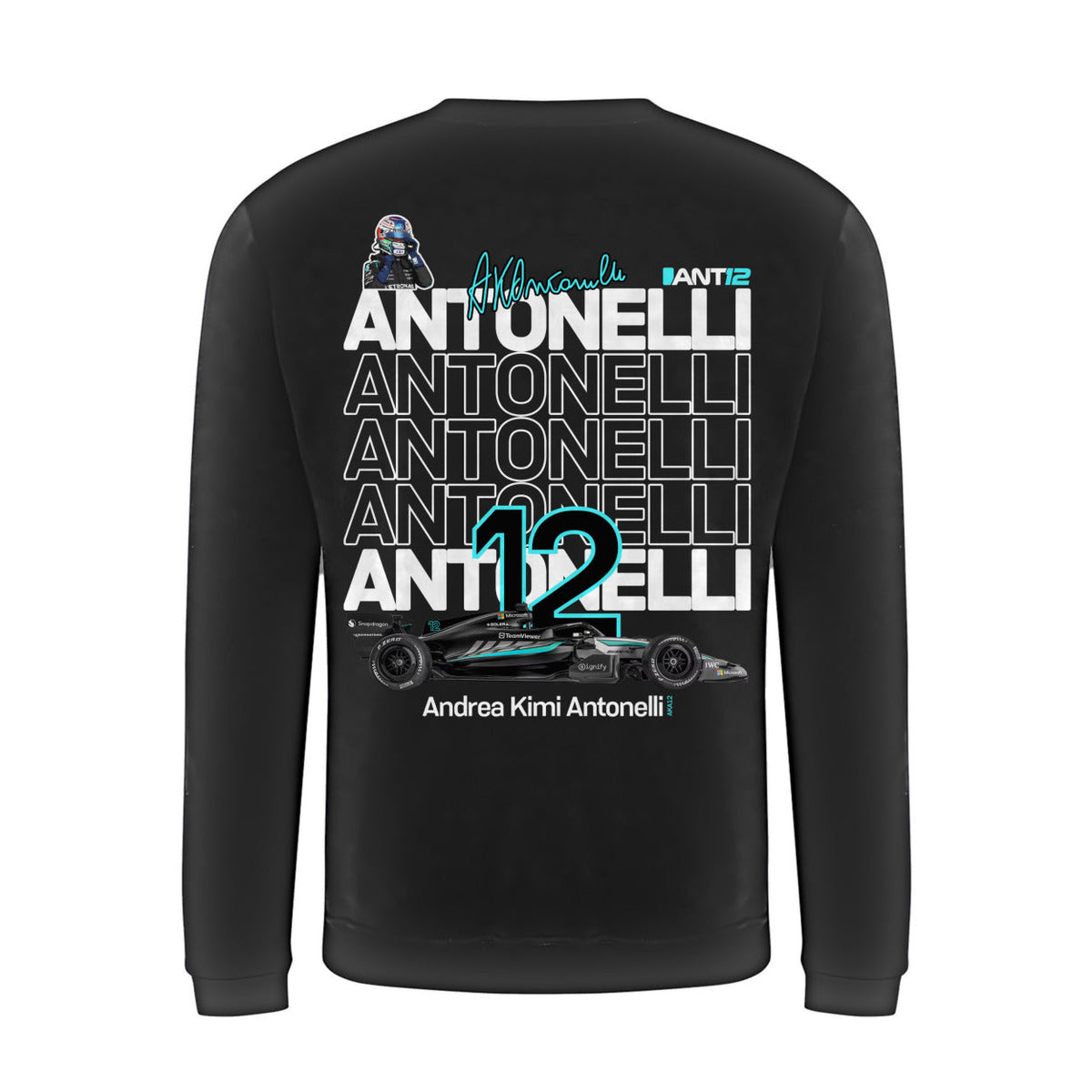 Black jumper, back view with large ANT12 print