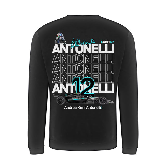 Black jumper, back view with large ANT12 print