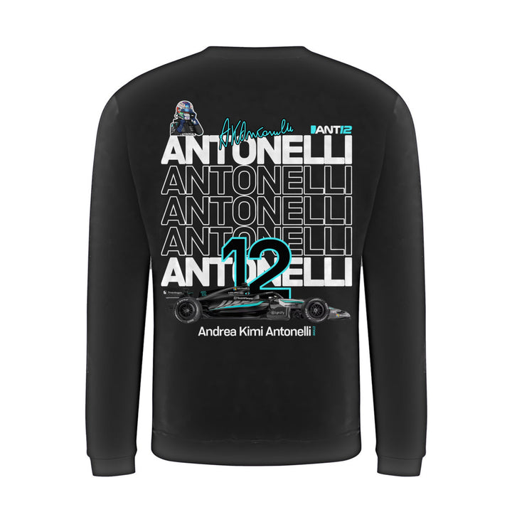 Black jumper, back view with large ANT12 print