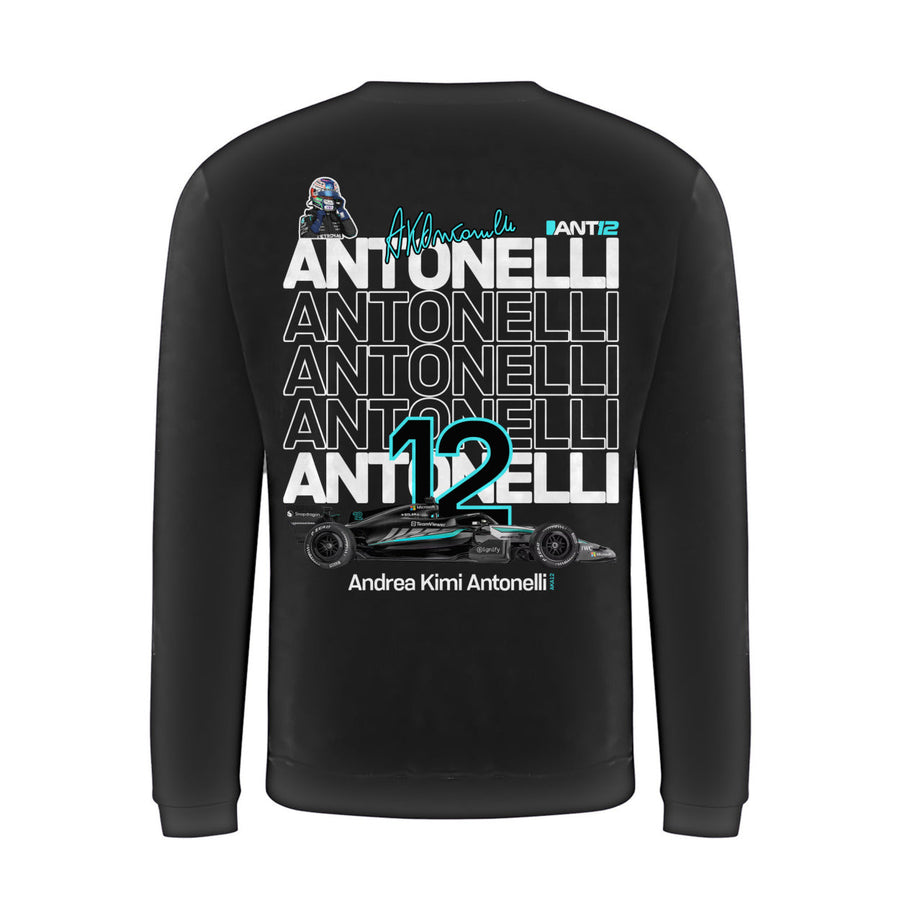 Black jumper, back view with large ANT12 print