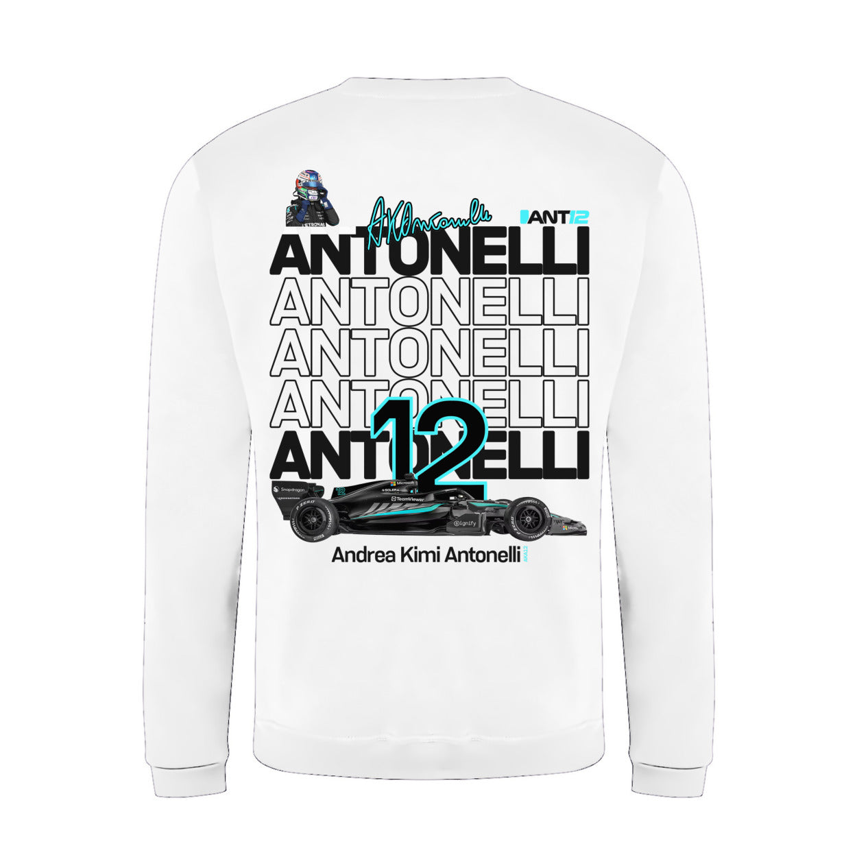 White jumper, back view with large ANT12 print