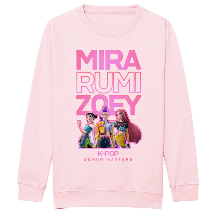 Pink sweatshirt with 'MIRA RUMI ZOEY' text and K-POP Demon Hunters characters on a white background