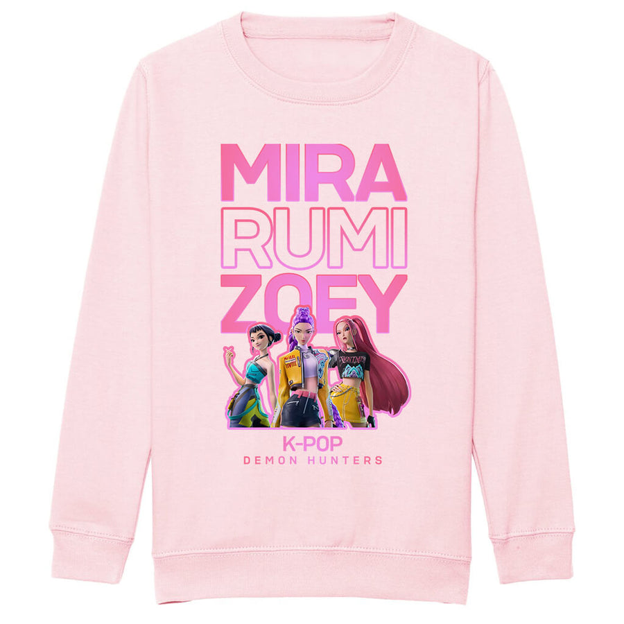 Pink sweatshirt with 'MIRA RUMI ZOEY' text and K-POP Demon Hunters characters on a white background