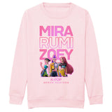 Pink sweatshirt with 'MIRA RUMI ZOEY' text and K-POP Demon Hunters characters on a white background