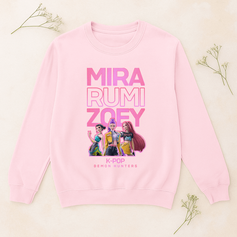 Baby pink K-POP Demon Hunters jumper featuring Mira Rumi and Zoey artwork