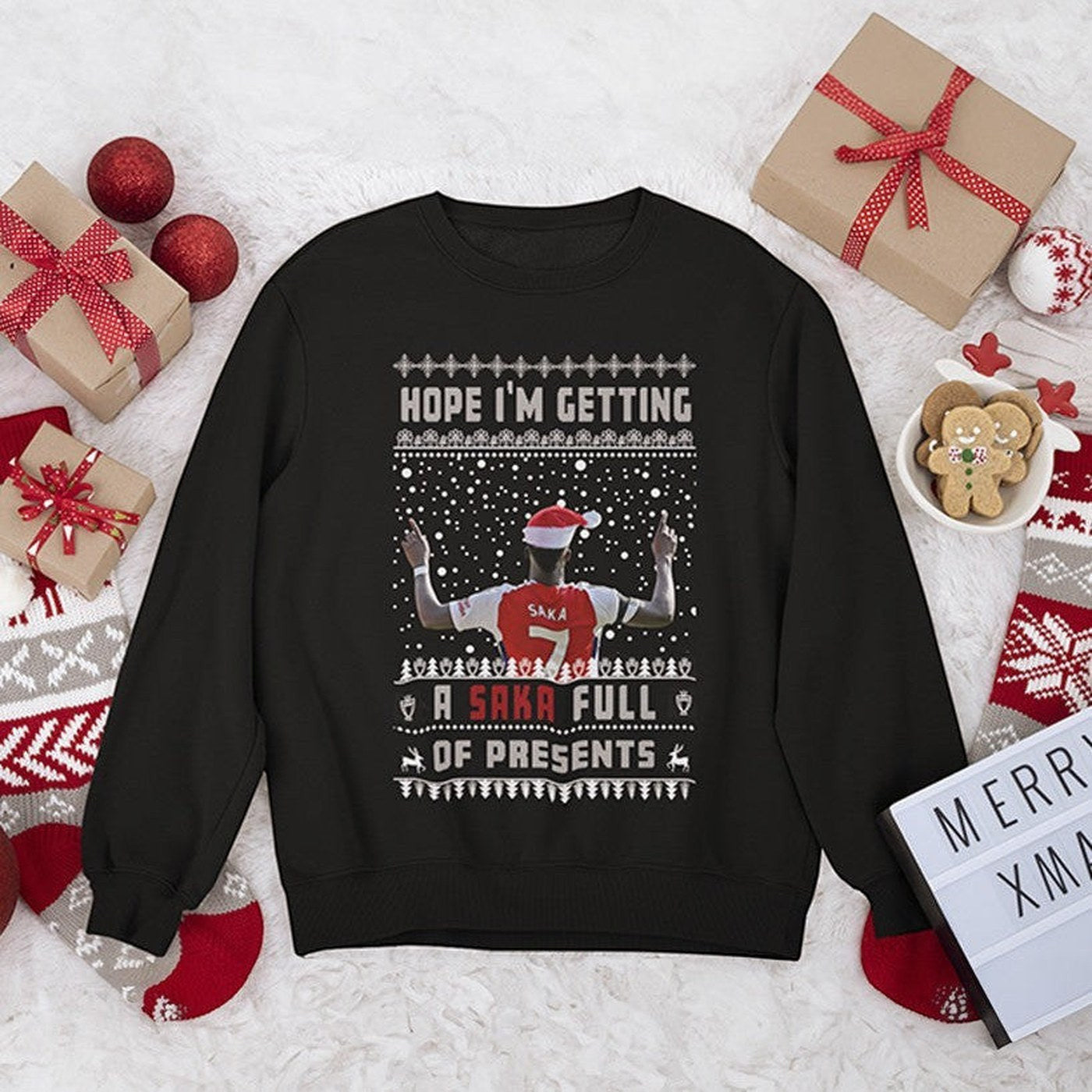 Black jumper — Bukayo Saka Christmas Jumper - "Hope I'm Getting a SAKA Full Of Presents" - Fun Gift for Arsenal FC Football Fans