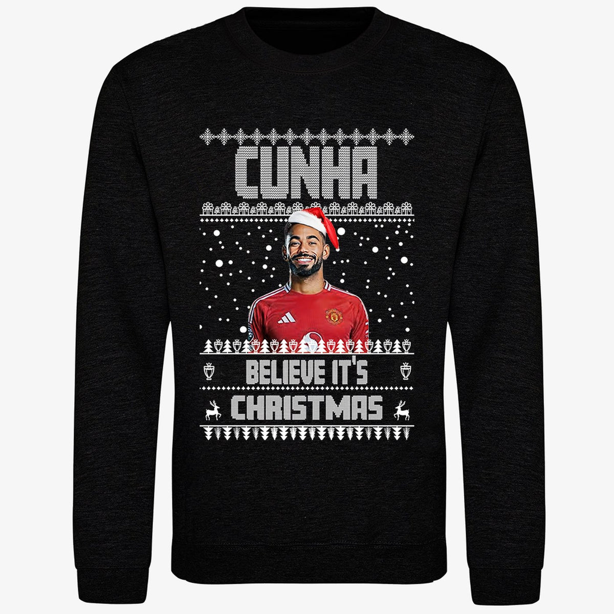 Black jumper — Matheus Cunha Christmas Jumper "Cunha Believe It's Christmas" - Manchester United Fan Gift