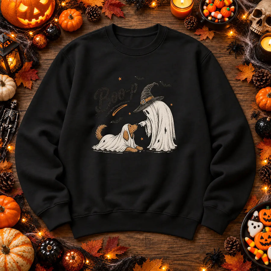Black Boo ghost and dog Halloween jumper with witch ghost design