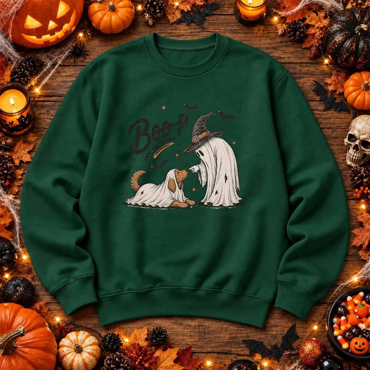 Bottle Green Boo ghost and dog Halloween jumper with witch ghost design