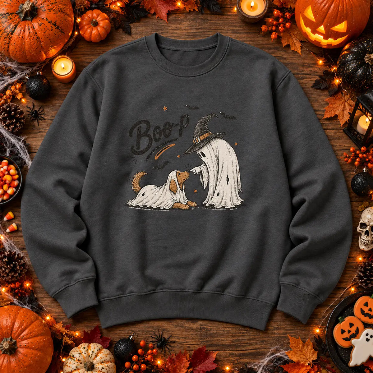 Charcoal Boo ghost and dog Halloween jumper with witch ghost design