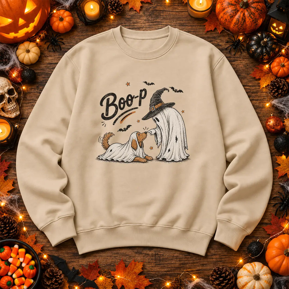Natural Stone Boo ghost and dog Halloween jumper with witch ghost design