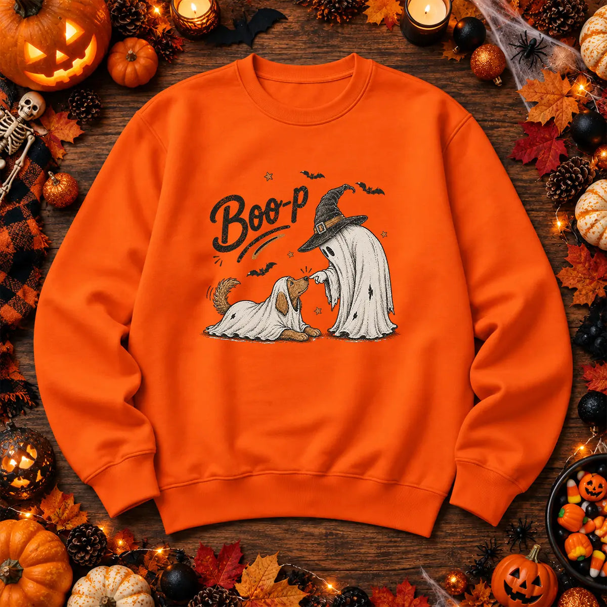 Orange Boo ghost and dog Halloween jumper with witch ghost design