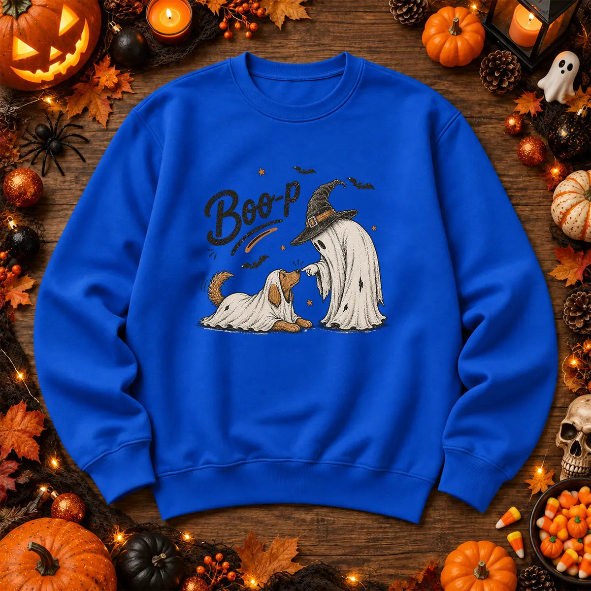 Royal Blue Boo ghost and dog Halloween jumper with witch ghost design