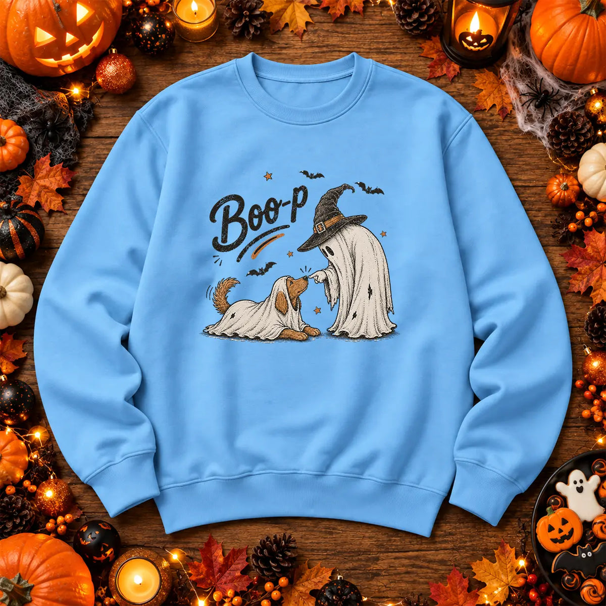 Sky Blue Boo ghost and dog Halloween jumper with witch ghost design