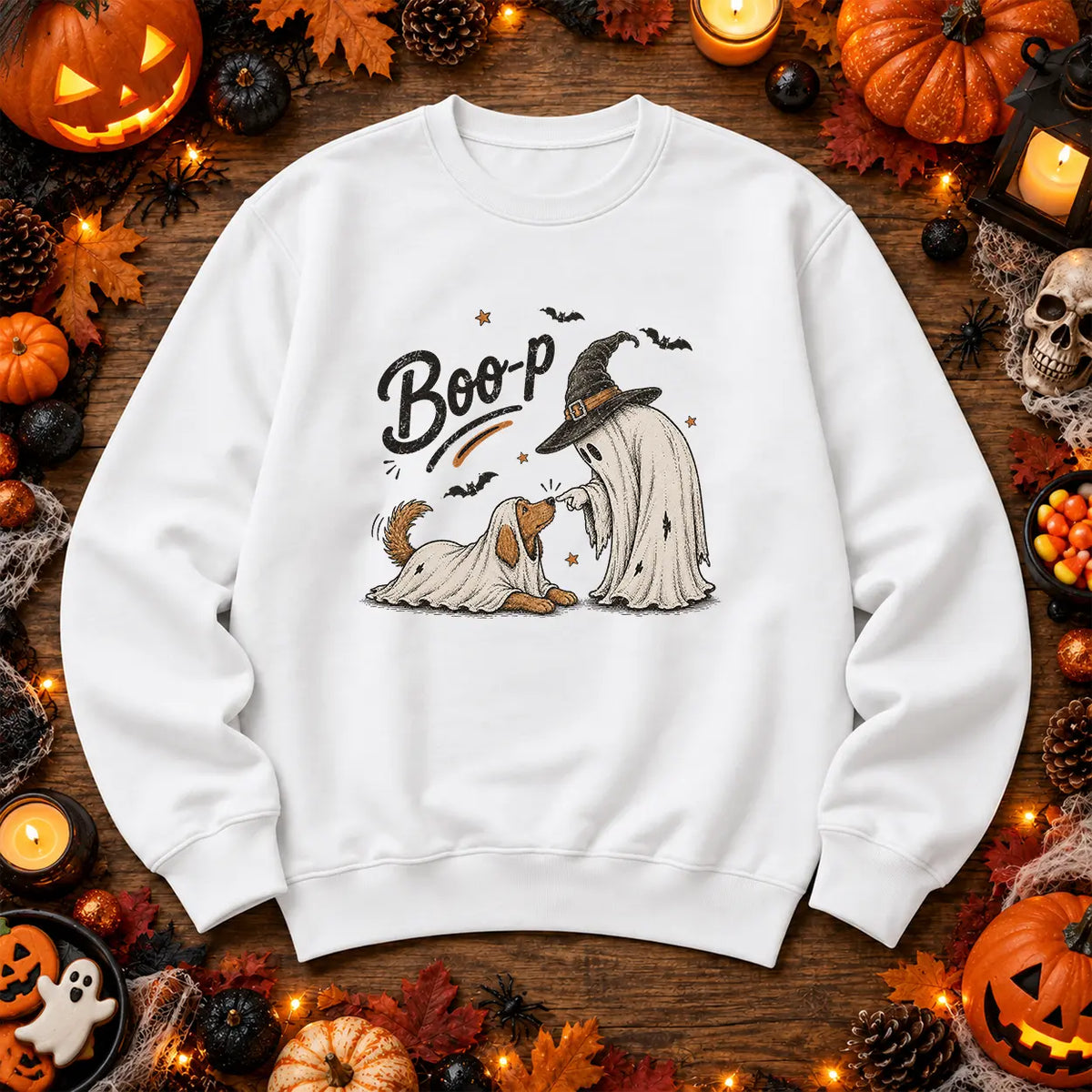 White Boo ghost and dog Halloween jumper with witch ghost design