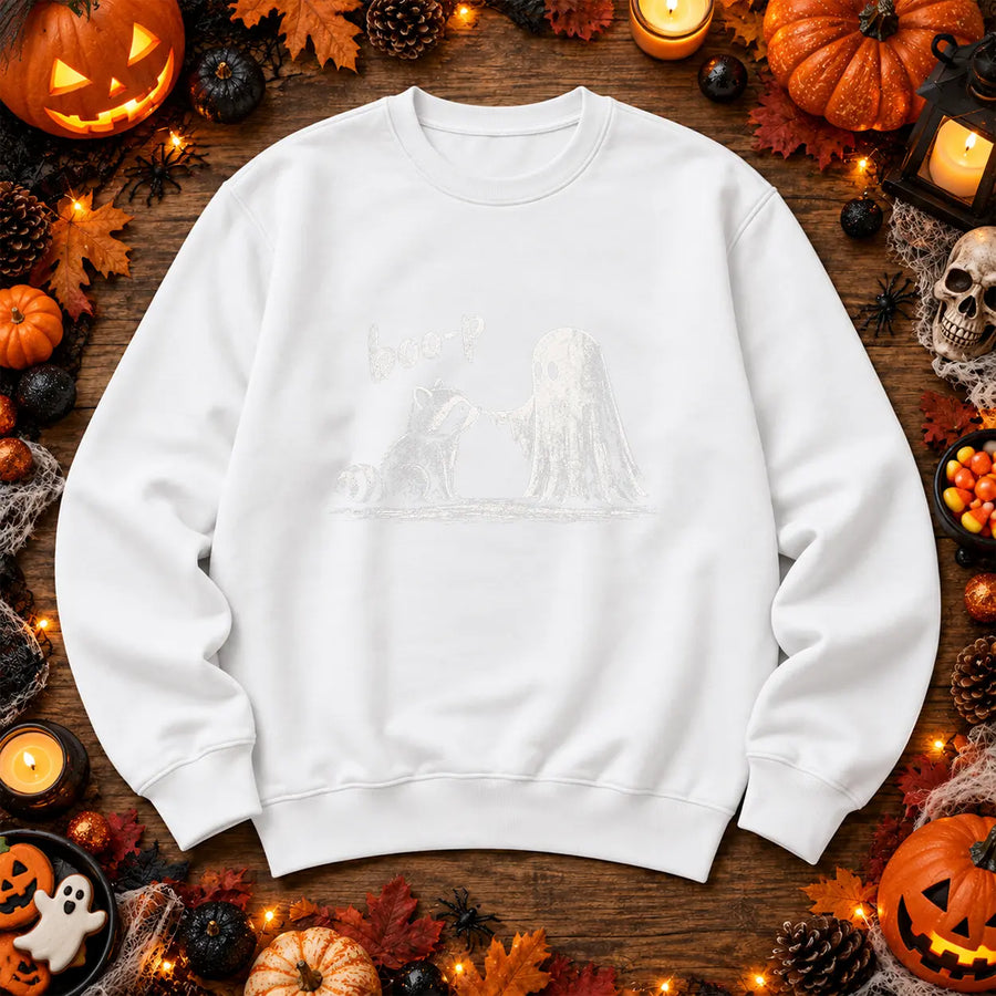 White Boo-P ghost and dog Halloween jumper flat lay