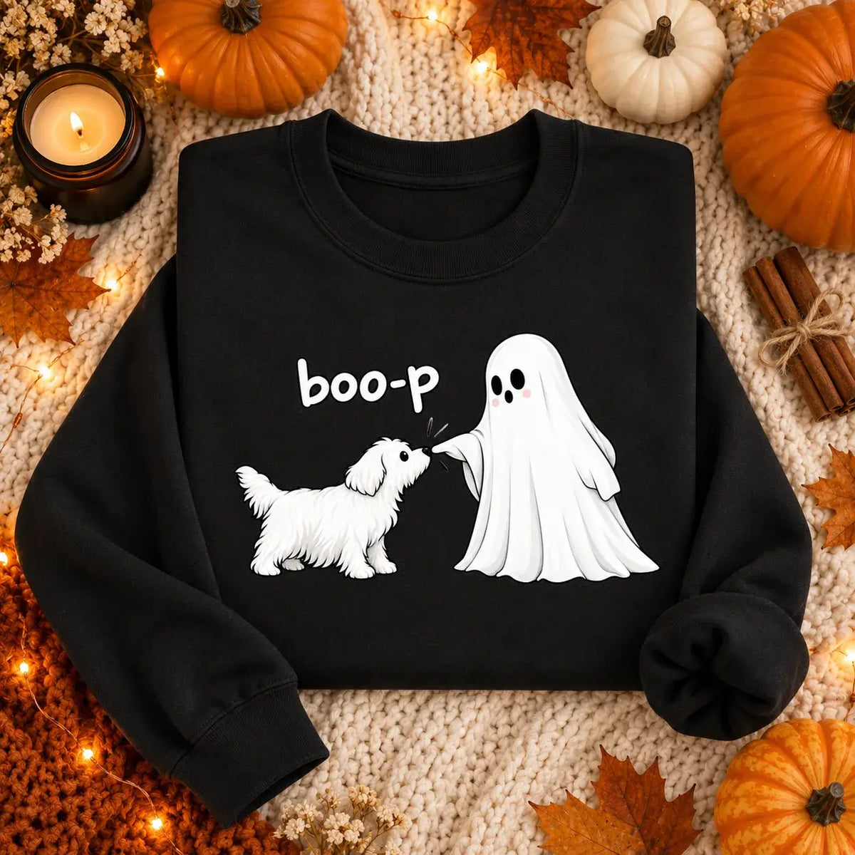 Black Boo-P ghost and dog Halloween jumper autumn flat lay