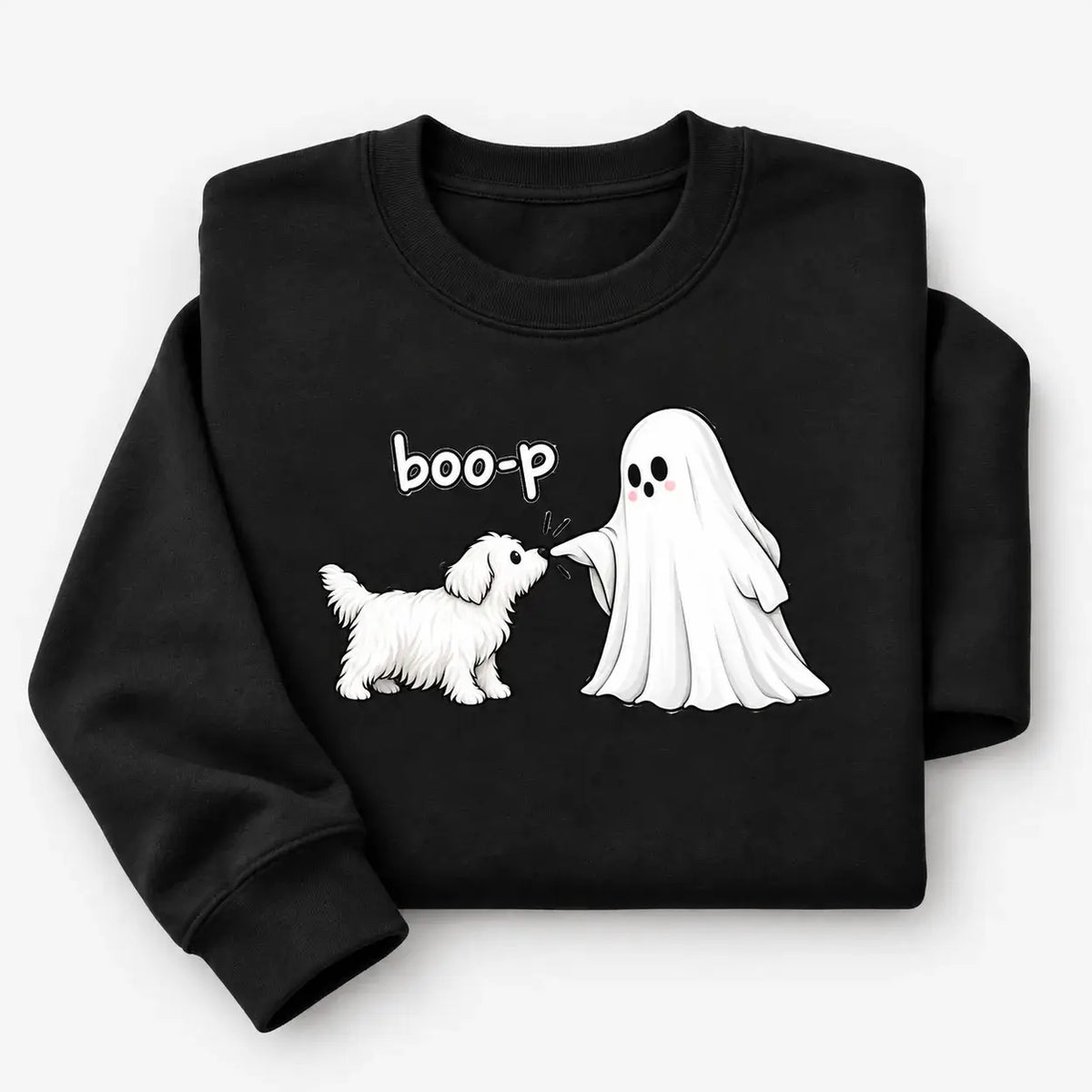 Black Boo-P ghost and dog Halloween jumper flat lay