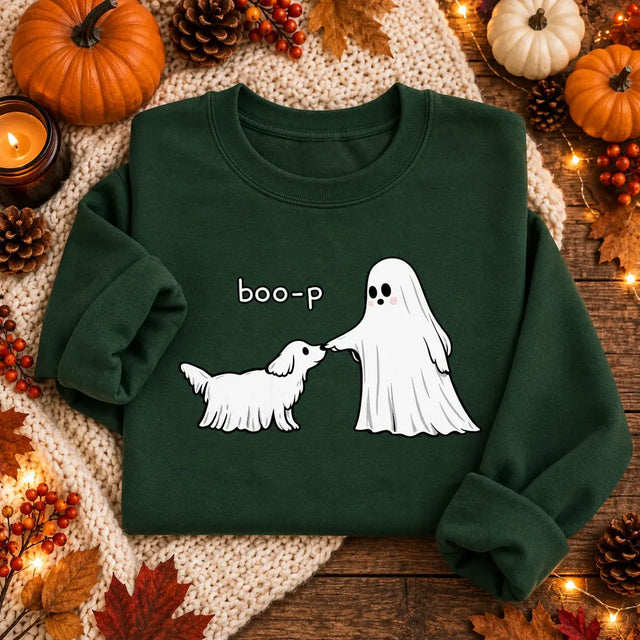Bottle green Boo-P ghost and dog Halloween jumper folded flat lay