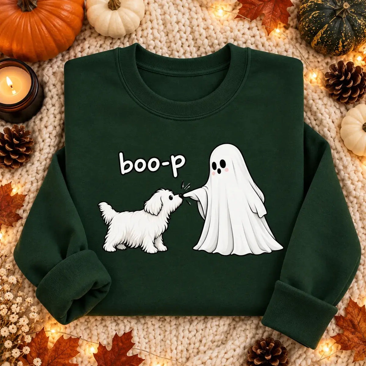 Bottle green Boo-P ghost and dog Halloween jumper mockup
