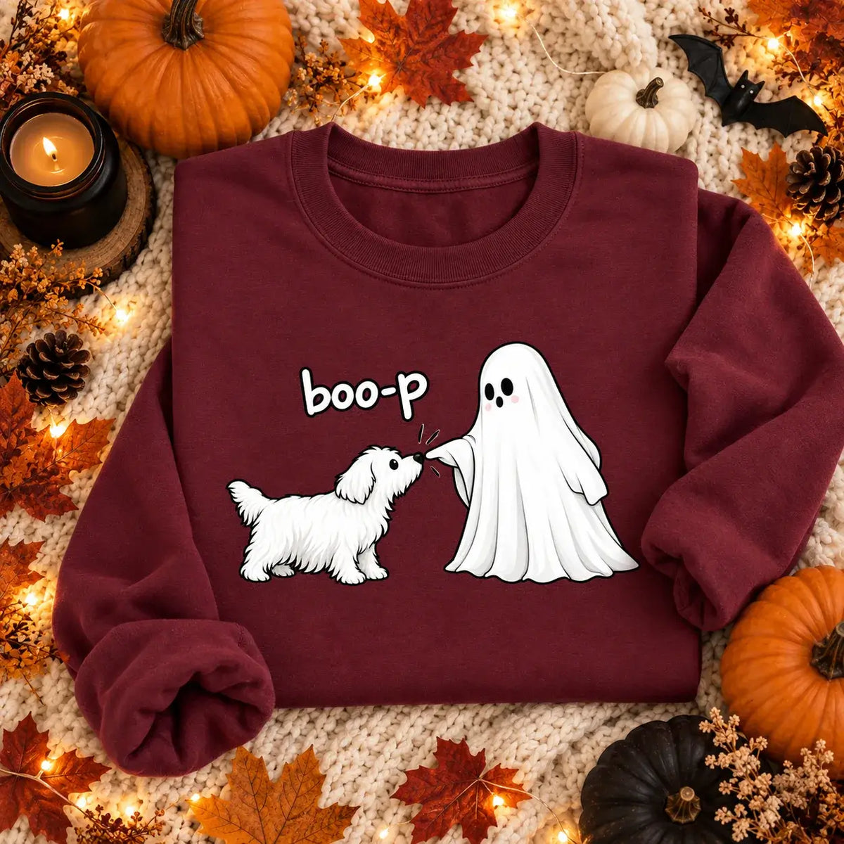 Burgundy Boo-P ghost and dog Halloween jumper folded flat lay