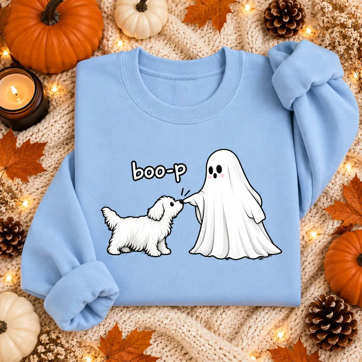 Sky blue Boo-P ghost and dog Halloween jumper mockup