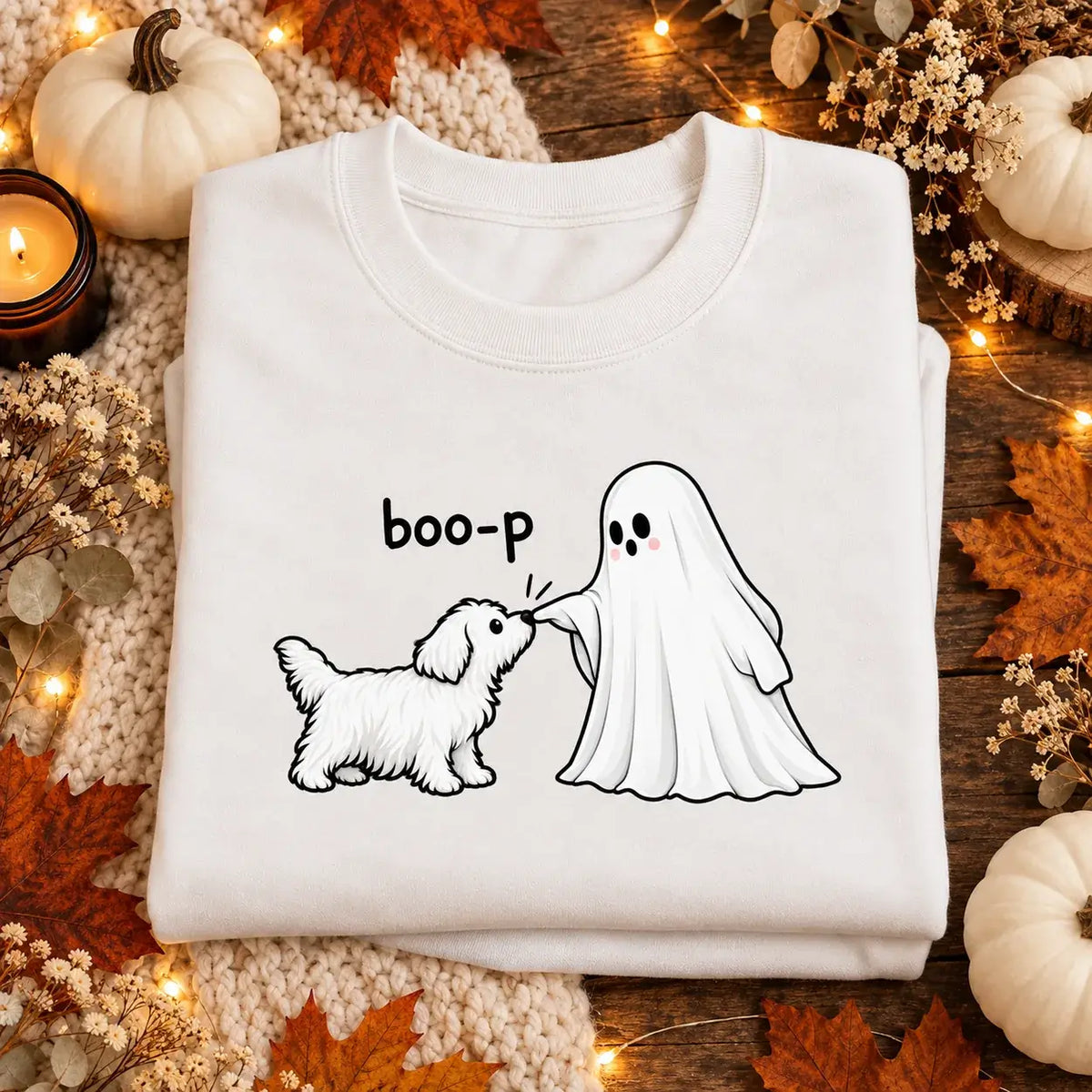 White Boo-P ghost and dog Halloween jumper autumn flat lay