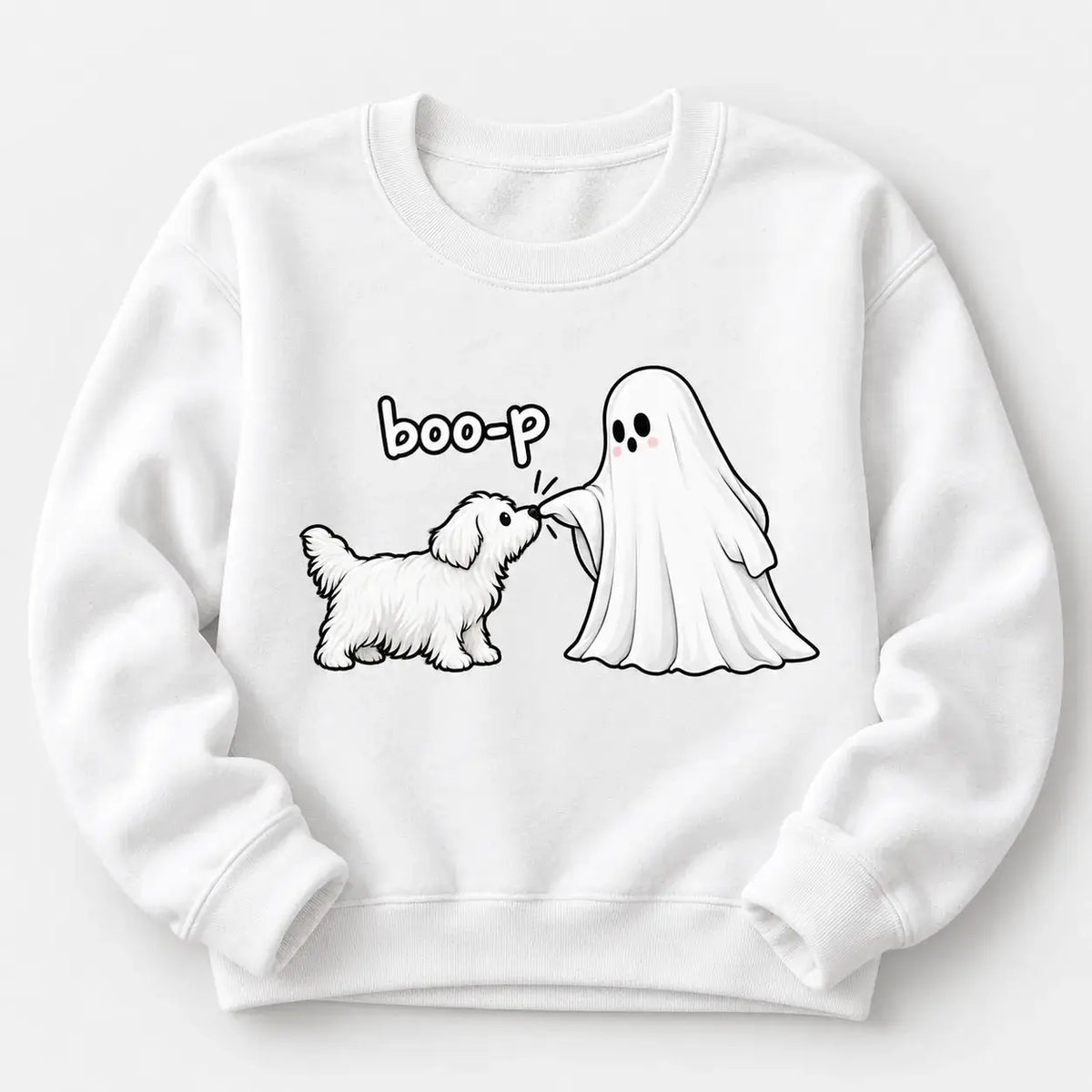White Boo-P ghost and dog Halloween jumper flat lay